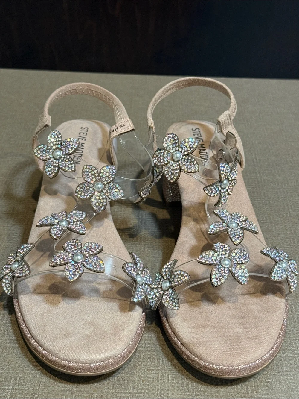 Steve Madden Blush Pink Rhinestone Floral T-Strap Heels